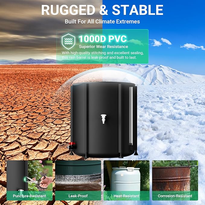 SKM 53 Gallon Collapsible Rain Barrel, PVC Rainwater Collection System Water Tank Storage, Portable Rain Water Collection Barrel for Outside/Lawn/Garden, Container with Overflow Kit & Spigot, Black