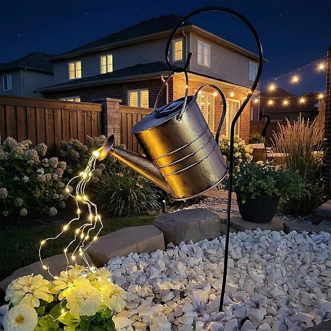 Solar Watering Can Fairy Lights Outdoor Decor Fountain String Art Decorations for Garden Yard Patio Backyard, Waterproof Metal Landscape Path Ornament, Unique Mom Gift
