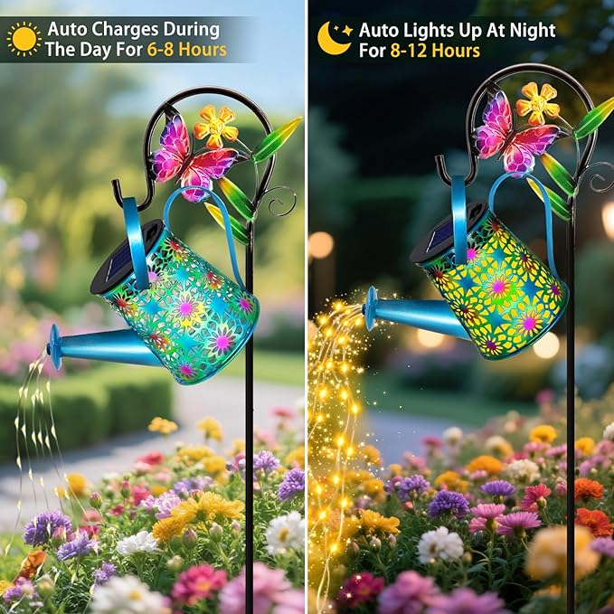Solar Lights Outdoor Decorative, Blue Metal Solar Watering Can Lights Waterproof, Gifts for Women Mom Mother's Day, Hanging Lantern Decoration Garden Decor Yard Light for Outside Patio Lawn Porch