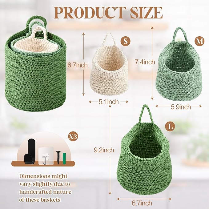 Honeydak 3 Hanging Baskets, Sage Color Palette, Barrel, Cotton Rope | Wicker Wall Baskets with Hooks for Fruit Vegetable Onion Storage, Teardrop Organizer for Kitchen, Boho Farmhouse Decor