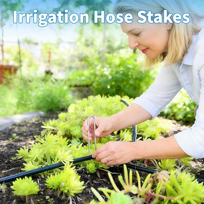 MySit 200 Pack 4 Inch Garden Stakes, Galvanized Drip Irrigation Stakes U Shaped Landscape Staples Ground Stakes for 1/8" to 1/2" Soaker Hose,Irrigation Tubing, Garden Hose, Weed Barrier