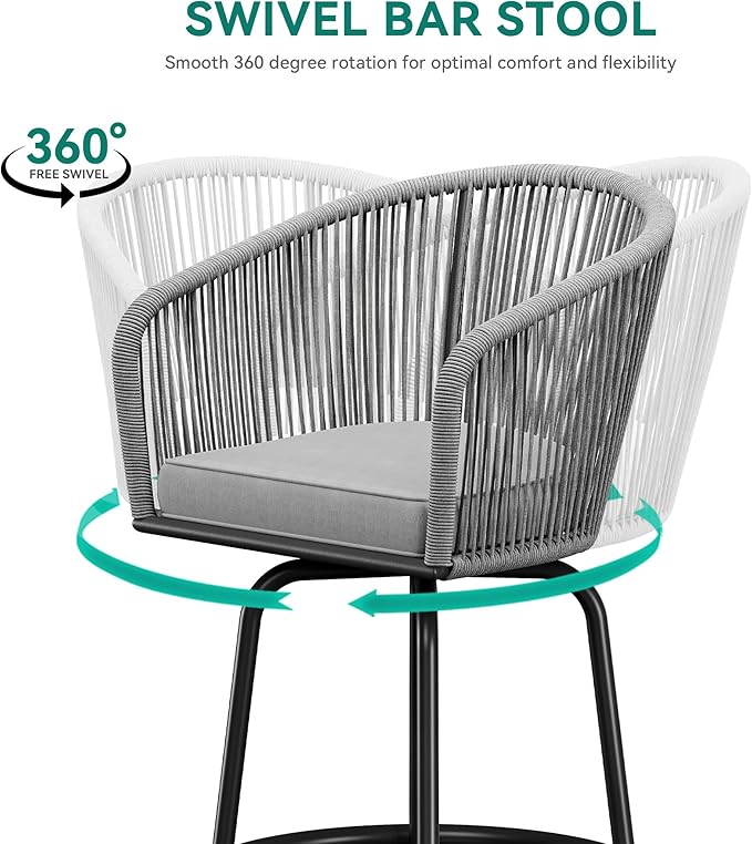 YITAHOME Counter Height Bar Stools Set of 2, Outdoor Bar Stools with Soft Cushions, Patio Rattan Swivel Bar Chairs for Backyard Poolside, Garden w /360 Rotation (Gray)