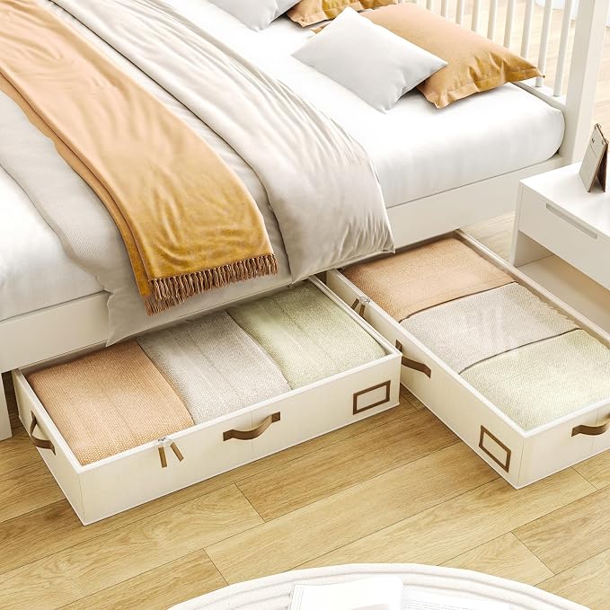 Under Bed Storage, Under Bed Storage Containers Bins for Clothes, Large Linen Underbed Closet Organization Bins, 2 Pack Collapsible Underbed Bin Dorm for Clothes, Sweater, Beige