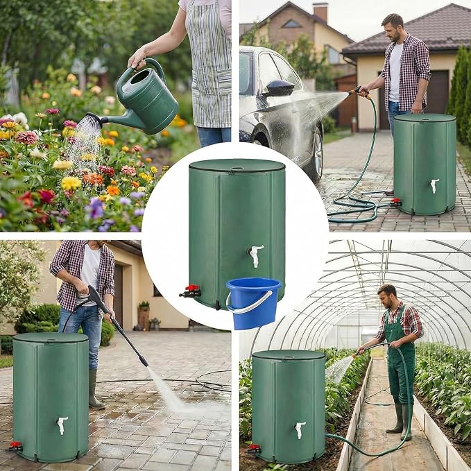 100 Gallon/380L Collapsible Rain Barrel,Foldable PVC Rain Barrel with Spigots,Top Mesh Cover and Overflow Valve,Designed to Collect Rainwater from Gutter Downspouts for Garden,Lawn,and Cleaning Floors