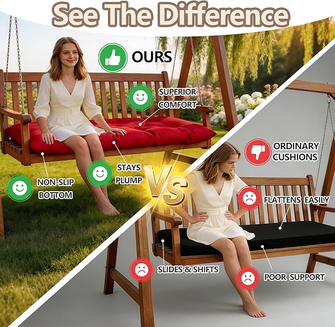 Yddsky 47.3 in Waterproof Indoor/Outdoor Garden Bench Seat Cushions，Thicken Patio Bench Soft Rocking Chairs Pad Lounger Seat for Wicker Loveseat Settee（47.3 X 19.6 X 3.9 inch，Red ）