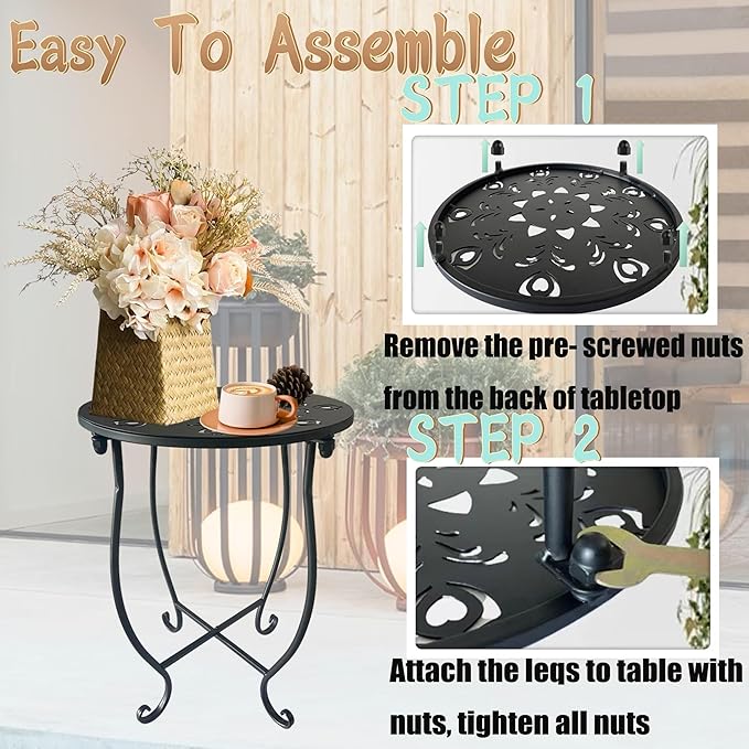 Outdoor Side Table, 14-inch Small Round Metal Patio Table with Flower Cut-Out Design, Modern Rust-Proof Portable End Table Patio Side Table for Outside Garden Balcony Yard & Indoor Use 1 Pack