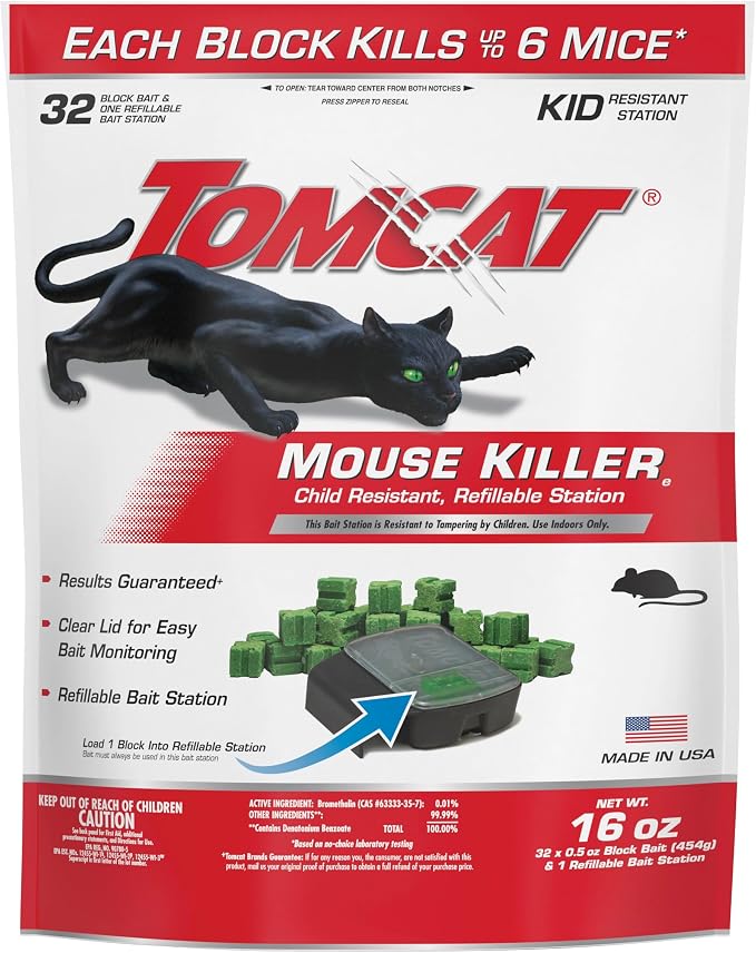 Tomcat Mouse Killer(e), Child Resistant, Refillable Station, 32 Bait Blocks | Tamper-Resistant Indoor Bait Station with Clear Monitoring Lid, 1 Refillable Station and 32 Bait Blocks