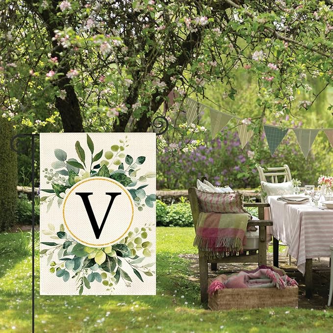 AVOIN colorlife Monogram Letter V Floral Garden Flag 12x18 Inch Double Sided Outside, Family Last Name Initial Yard Outdoor Decoration