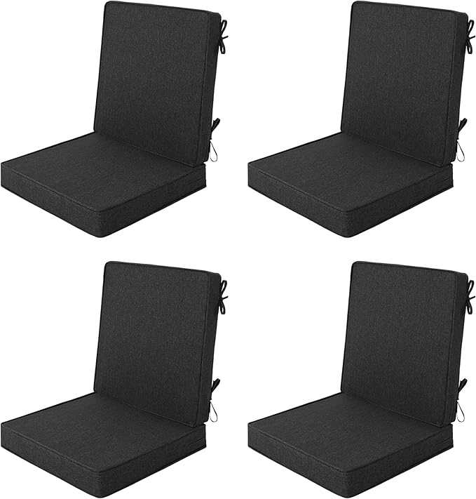 Outdoor Chair Cushions, Water-Resistant & Fade-Resistant, Patio Furniture Lawn Dining Chair Seat Replacement with Mid Back, Ties Zipper, Removable Cover, 18 x 16.5 Inch, Set of 4, Black
