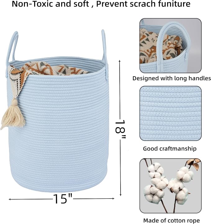 XUANGUO Cotton Rope Laundry Basket Hamper for Clothes, light blue