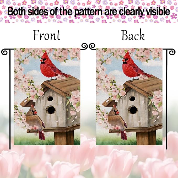 Spring Cardinal Bird Garden Flag 12x18 Inch Double Sided Burlap for Outdoor Party Pink Flowers Tree Summer Holiday Farmhouse Decor