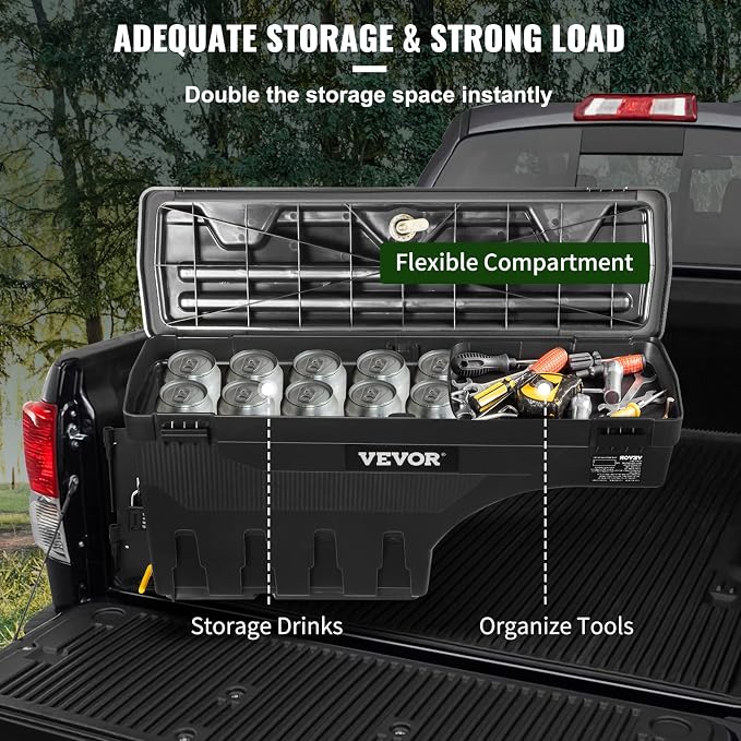VEVOR Truck Bed Storage Box, Lockable Lid, Waterproof ABS Wheel Well Tool Box 6.6 Gal/20 L with Password Padlock, Compatible with Tundra 2007-2021, Driver Side, Black