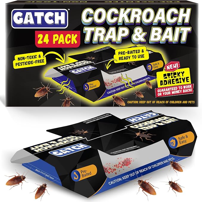 GATCH Roach Traps Indoor (24 Pack), Sticky Baited Cockroach Traps, Roach Killer Indoor Infestation, Adhesvie Glue Traps for Roaches, Insects, Home Bug Ant Spider Cricket, Child & Pet Friendly