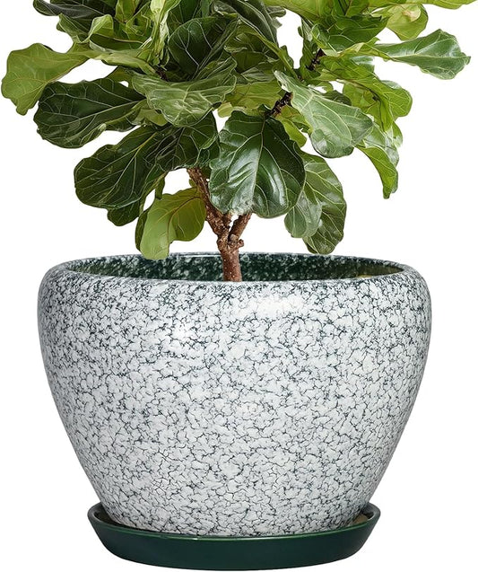 10 Inch Flower Pots Indoor - Ceramic Planter with Drainage Hole and Saucer, Large Flower Pots for Indoor Outdoor Plants, Round Modern Planter, Garden Decor, Plant Lover Gifts, Crackle Green