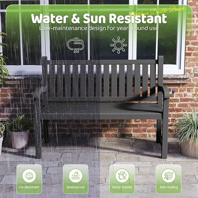 PatioZen Outdoor Bench, Waterproof & Weatherproof Garden Bench with Ergonomic Design, 2-Person Resin Bench for Porch, Deck, Patio, Outdoor, Garden & Park(Black)