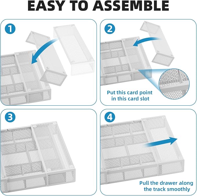 Marbrasse Expandable Desk Drawer Organizer, Mesh Drawer Organizer Tray with 10 Adjustable Compartments, Desk Organizers and Accessories, 5 Dividers Drawer for Office Supplies, Makeup & Vanity (White)