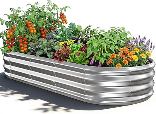 Oval Raised Garden Bed, 5 x 2 x 1FT, Galvanized Steel Planter Box with Wave-Shaped Metal Panels for Outdoor Flower,Tree,Herb & Vegetable Garden (Silver, 60X24X12 inches)