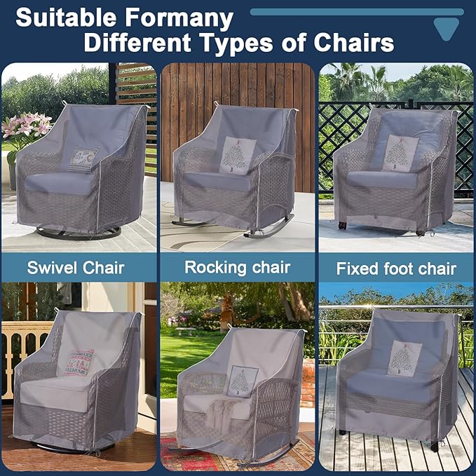 Outdoor Garden Furniture Chair Covers (29” W x 34” D x 35” H) Patio Rocking Chair Covers, Outdoor Swivel Chair Cover, with White Pull Tabs for Easy Use and Storage (2 Pack, Grey)