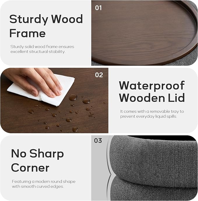 29.5" Round Storage Ottoman, Ottoman Coffee Table with Removable Wood Top | Upholstered Modern Boucle Ottoman with Storage for Living Room, Bedroom, Apartment, DarkGrey