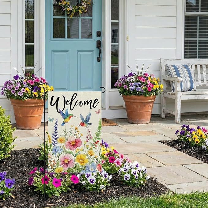 CROWNED BEAUTY Spring Garden Flag Floral Hummingbirds 12x18 Inch Double Sided Small Seasonal Holiday Decoration for Outdoor Lawn Yard
