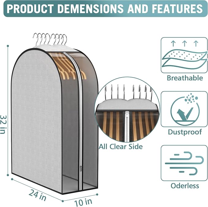 Liuoud 10" Gusseted Garment Bags for Hanging Clothes, 32", 3 Pack