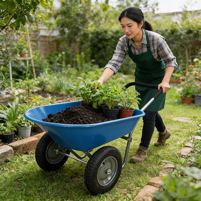 Steel Tray Wheelbarrow Heavy Duty Garden Cart with 12 Inch Pneumatic Wheel, 220lbs Capacity Lightweight Yard Cart Wheelbarrow for Landscaping, Residential Gardening, Red (Blue)