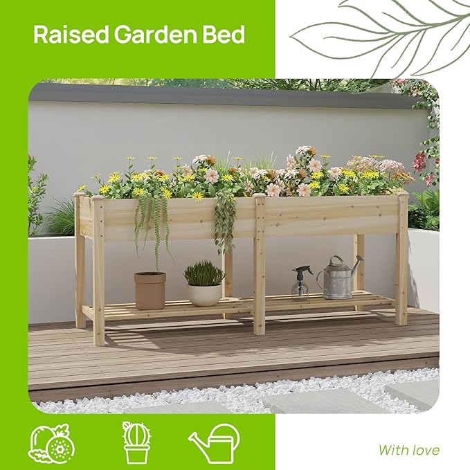 Raised Garden Bed with Legs, Wooden Planter Box with Storage Shelf, Elevated Wood Planter Box for Vegetables Flowers Herbs, Garden Planter for Backyard, Patio, Balcony, 72x24x30.7inch (Natural, L)