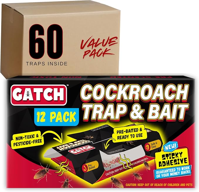 GATCH Roach Traps Indoor (60 Pack), Sticky Baited Cockroach Traps, Roach Killer Indoor Infestation, Adhesvie Glue Traps for Roaches, Insects, Home Bug Ant Spider Cricket, Child & Pet Friendly
