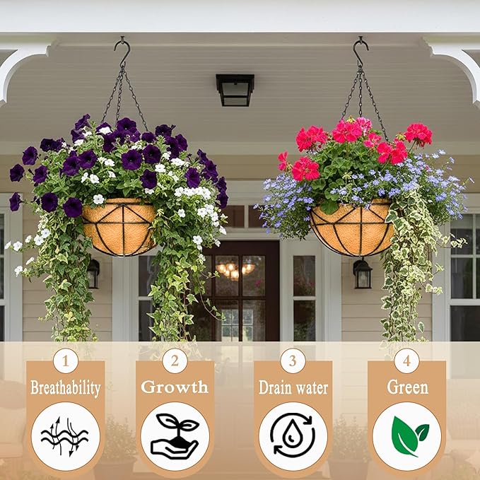 2 Pack 12" Round Metal Hanging Basket for Outdoor Plants Durable Large Hanging Planter with Coco Coir Round Plant Holders Planter for Outside Garden Decoration (Geometric)