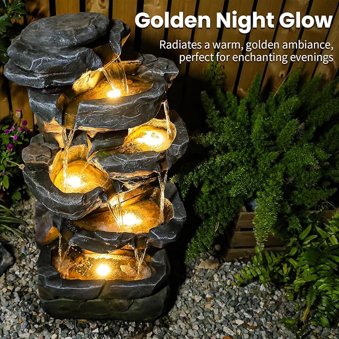 Sunlinua 6-Tier Cascading Rock Water Fountain Outdoor Resin Stone Imitation Waterfall with LED Lights, Indoor/Outdoor Decor for Garden, Patio, Backyard, Porch and Home Art Decor