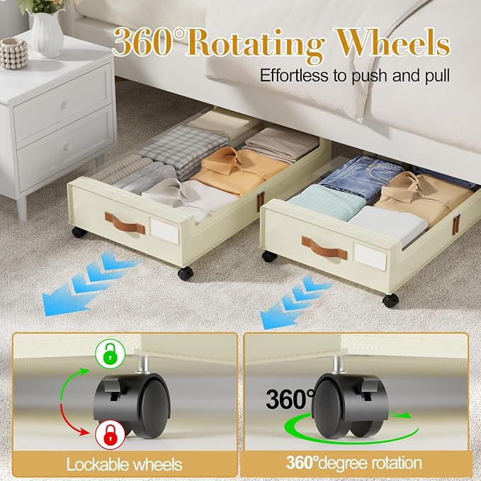 Yecaye 60L Under Bed Storage with Wheels, 2 Pack, Beige