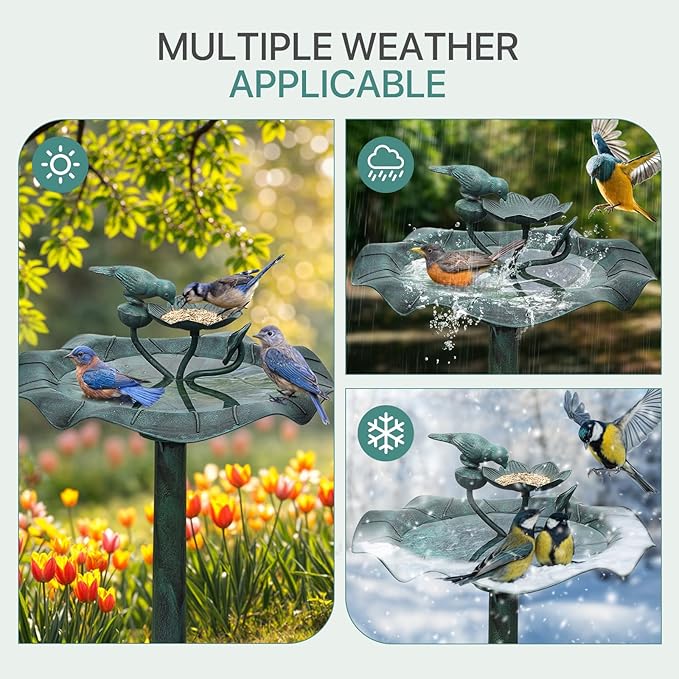 Athena Collection 35'' Height Bird Bath Vintage Pedestal Birdbath 5L Water Bird Fountain Polypropylene Lotus Accents Bird Bath Bowl Outdoor Decor 2 Tier Birdbath for Outside, Patio, Garden, Green