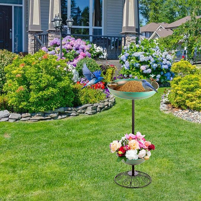 dreamysoul Metal Bird Baths for Outdoors, Pedestal Green Bird Bath with Flower Planter, BirdBaths for Outdoors Garden Yard Patio Decor