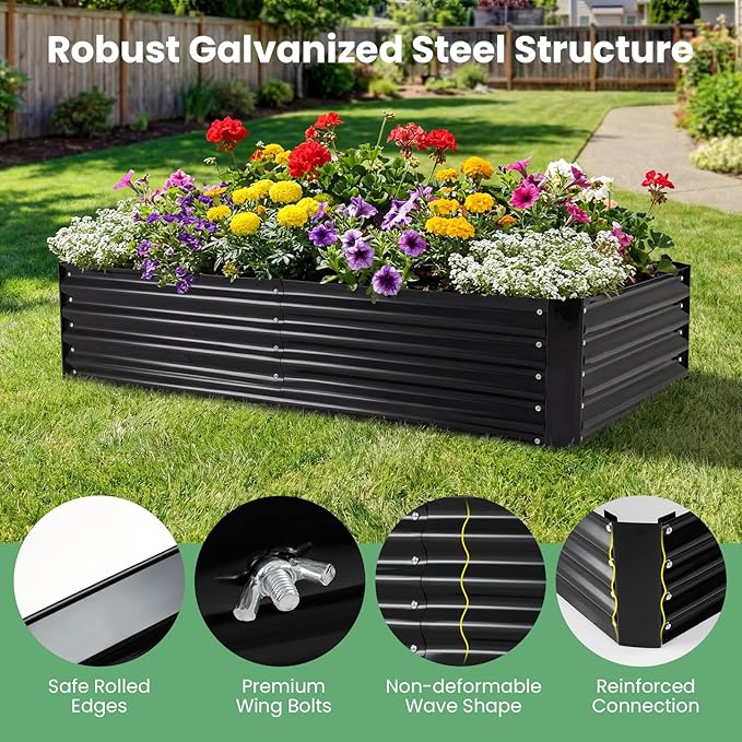 HAPPYGRILL Raised Garden Bed with Cover, Planter Boxes Outdoor w/Mini Greenhouse, 2 Roll-up Windows & Open-Ended Base, Metal Growing Raised Bed for Vegetables (Black, 72” x 36” x 37”)