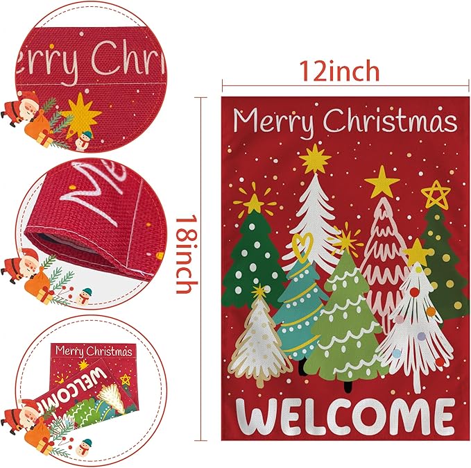 Christmas Decorations Outdoor - Xmas Tree Welcome Garden Flag | Christmas Party Decor Favors Supplies for Indoor Outside -Red Navidad Double-Side Backdrop Banner for Garden Porch Patio Lawn Yard,12x18