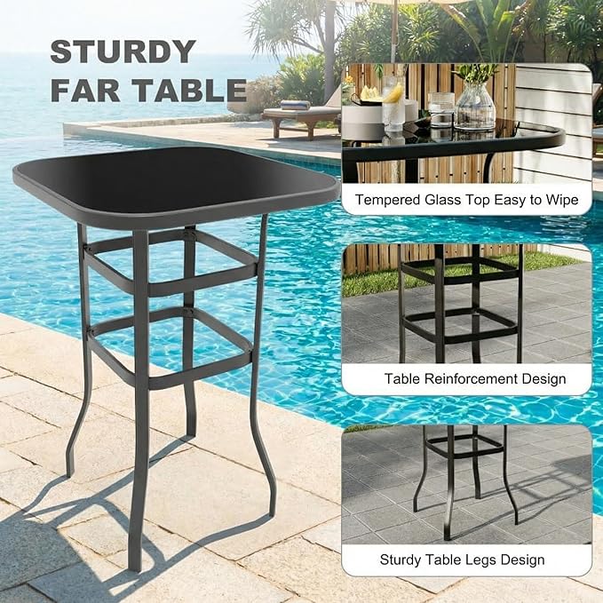 GarveeHome Outdoor Patio Bar Table, 31.5 Inch Tempered Glass Bistro High Top Table with All Weather Metal Frame for Deck, Porch, Poolside, Garden
