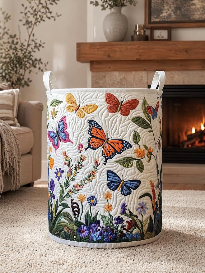 Quilted Laundry Basket with Handles, Boho Floral Quilted Storage Hamper, Large Capacity Laundry Hamper for Nursery Bedroom Laundry Room Home Decor (Pattern 06, Large (28"H x 20"W x 20"L))