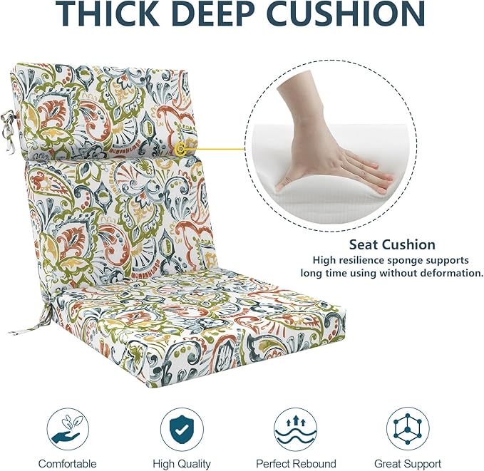 DYTXIII Outdoor High Back Chair Cushions Set of 2, 44"x22" Water Repellent Patio Seat Cushions with Elastic Sponge, All Weather Chair Pads for Rocking, Dining, Patio Furniture - Paisley Botanical