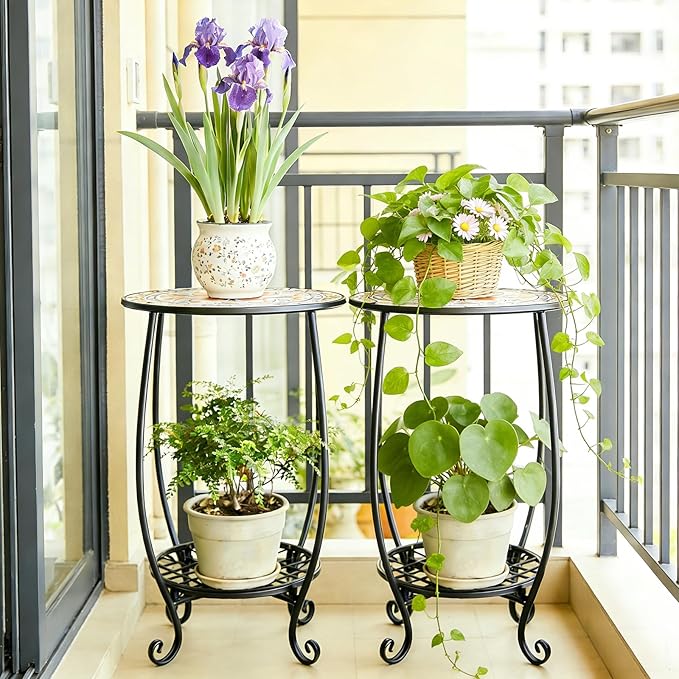 Arbuxzuy 2pcs Small Outdoor Side Table with Colorful Flowers, Glass Mosaic Patio Table Indoor, Round Plant Coffee Table for Living Room, Balcony, Garden（Pink Flowers Style）