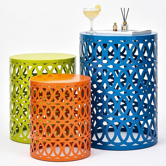 Side Table Set of 3, Modern Decorative Coffee Table with Geometric Cut-Out Design, Durable Metal Table with No Assembly&Weather-Resistant, Industrial Round Garden Stool for Patio, Indoor