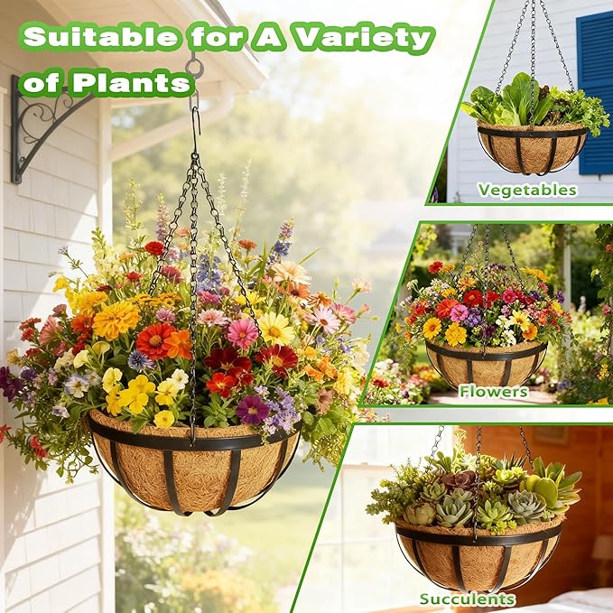 4Pack 12 Inch Metal Outdoor Hanging Baskets Black Heavy Duty Hanging Planters with Coco Liners for Indoor Outdoor Plants Gardens Patios Terraces（Flat Iron）