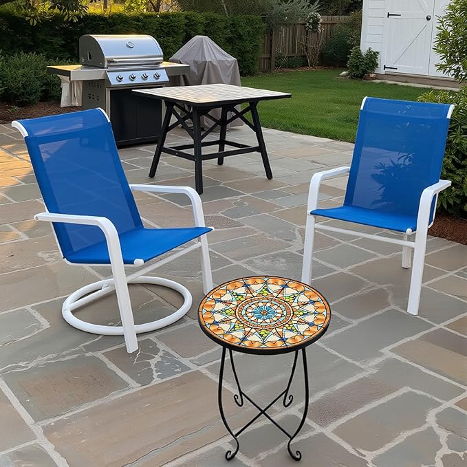 Set of 2 Mosaic Outdoor Side Tables Round, 15 Inch Height - Small Patio Table Set, Foldable Sun Pattern Metal Plant Stands for Garden, Balcony & Yard (Mosaic Sun, 2 Pack)