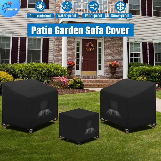 SIRUITON 3 Piece Outdoor Veranda Patio Garden Furniture Cover Set with 600D Durable and Water Resistant Fabric,Fit for Outdoor Wicker Patio Furniture Sets/Rattan Chair Conversation Sets-Balck
