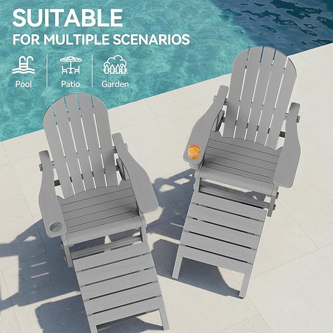 Vongrasig Adirondack Chairs Set of 2 with Removable Tabletop and Footrest, HDPE Plastic Outdoor Chair Set with Wooden Textured, Cup Holder for Patio, Poolside, Garden, Light Grey, 5 Pieces