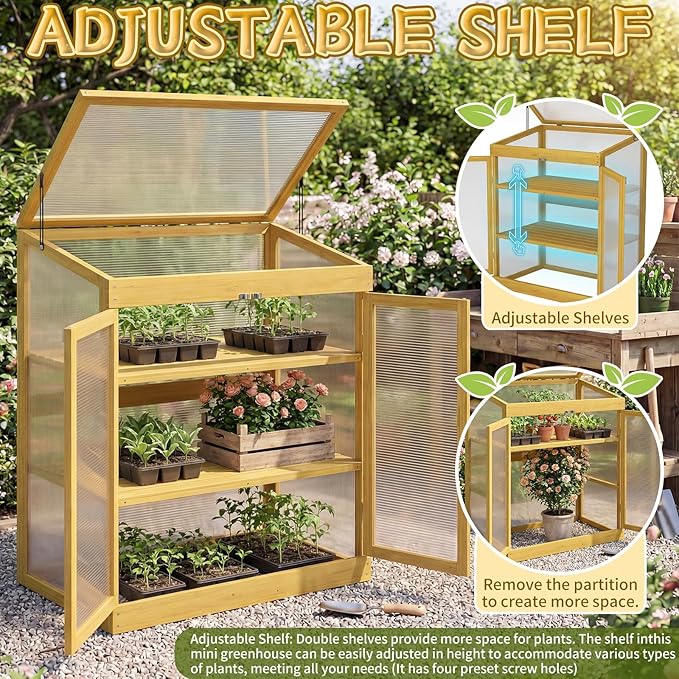 Wooden Cold Frame Greenhouse, Garden Portable Mini Solid Wood Greenhouse Cabinet with Transparent Flip-Top Roof, Raised Flower Plants Shelf Protection for Outdoor Indoor, Natural
