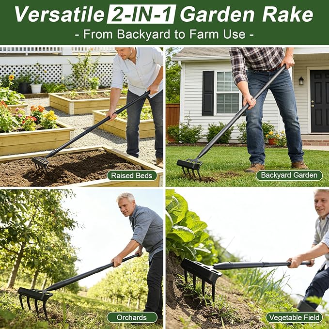 Hoe Garden Tool for Weeding 2-in-1 Heavy Duty Metal Stirrup Hoe 4 Tines Prong Weed Hoe with 32-62 inch Long Adjustable Handle for Women Kids Men