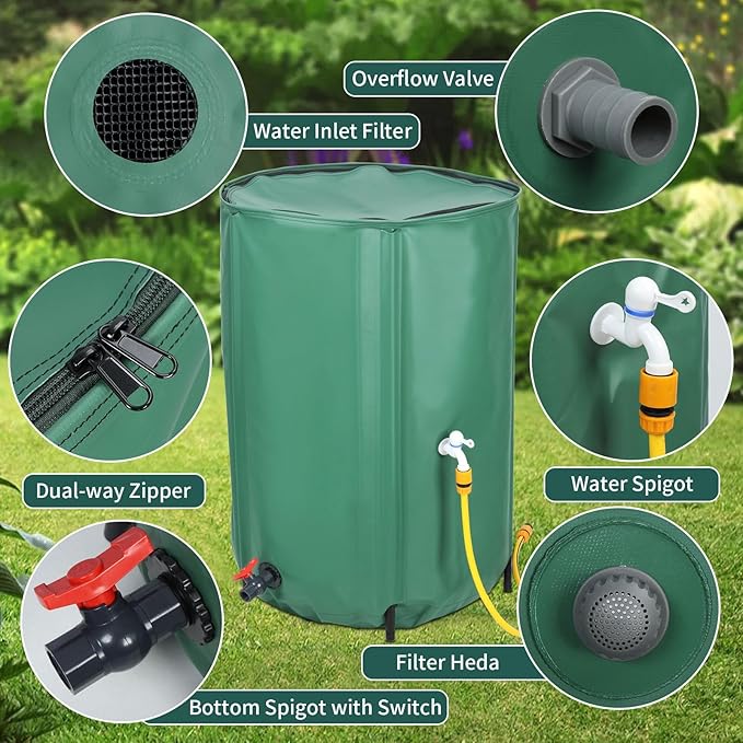 Collapsible Rain Barrel, Portable Water Storage Tank with Filter and Spigot, Rainwater Collection System, Foldable Water Container for Garden Use, Eco-Friendly Water Conservation Solution Green 100 G