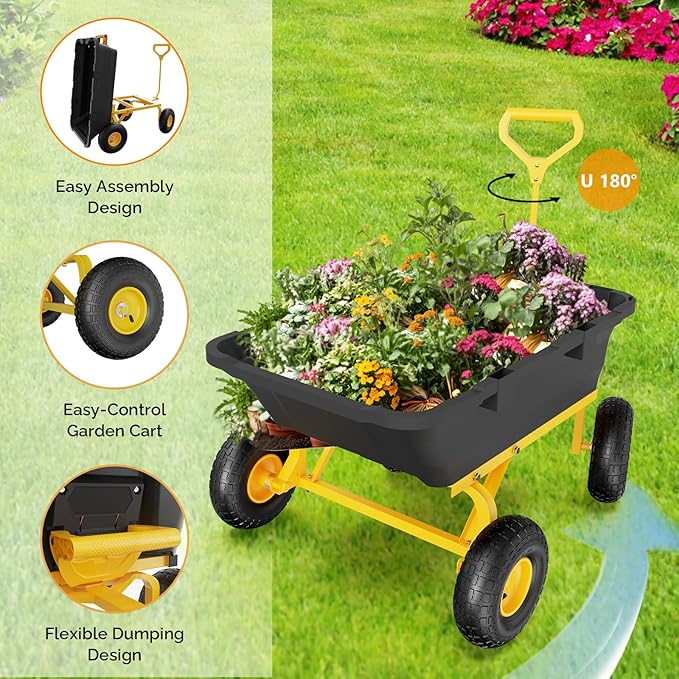 VINGLI Heavy Duty Dump Cart Wagon, 800LBS Quick-Release Dump Poly Wheelbarrow, 10in All-Terrain Pneumatic Tires Garden Wagon for Garden, Yard, Beach