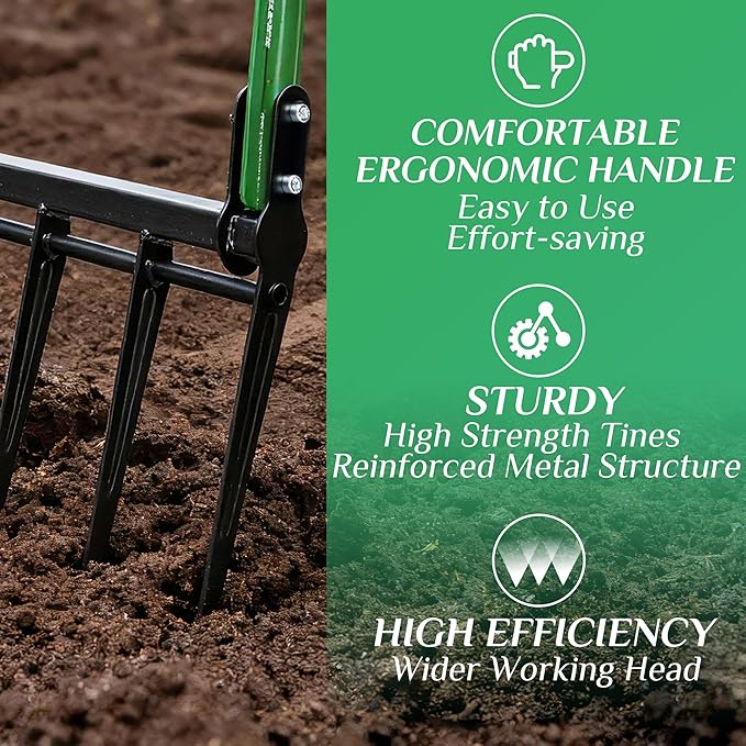 BroadFork Garden Tool, Heavy Duty 5-Tine Broad Fork Hand Tiller, Garden Pitchfork with Ergonomic U-Shaped Handle, Digging Fork for Gardening, Cultivating