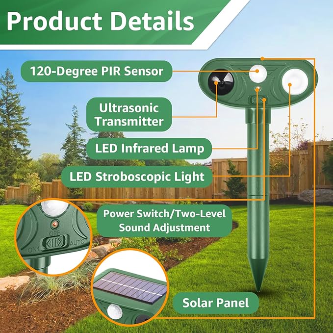 Solar Ultrasonic Animal Repellent Outdoor with Motion Sensor Strobe Light Deer Repellent Devices for Squirrel Rats Snakes Rabbit 25KHZ Silent Deterrent Dual Mode Yard Garden Lawn Pest Control 2PCS